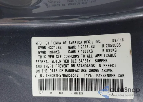 2017 Honda Accord Sport from USA, damaged, VIN 1HGCR2F57HA056512